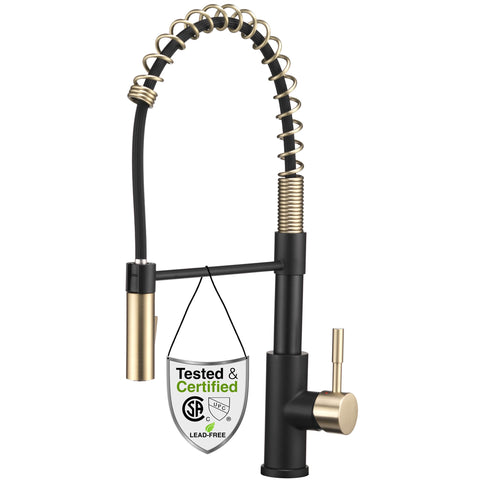 Dura Faucet RV Swivel DF-MK504SLK-MB High-Arc Spring Kitchen Sink Faucet - Single Handle - Kitchen Faucet with Pull-Down Sprayer - Optional Deck Plate (Matte Black/Matte Gold)
