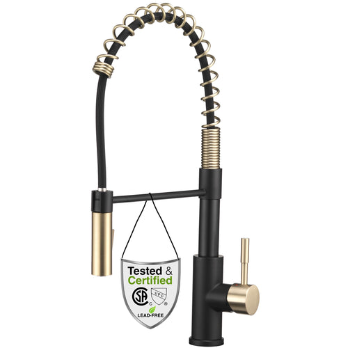 Dura Faucet RV Swivel DF-MK504SLK-MB High-Arc Spring Kitchen Sink Faucet - Single Handle - Kitchen Faucet with Pull-Down Sprayer - Optional Deck Plate (Matte Black/Matte Gold)