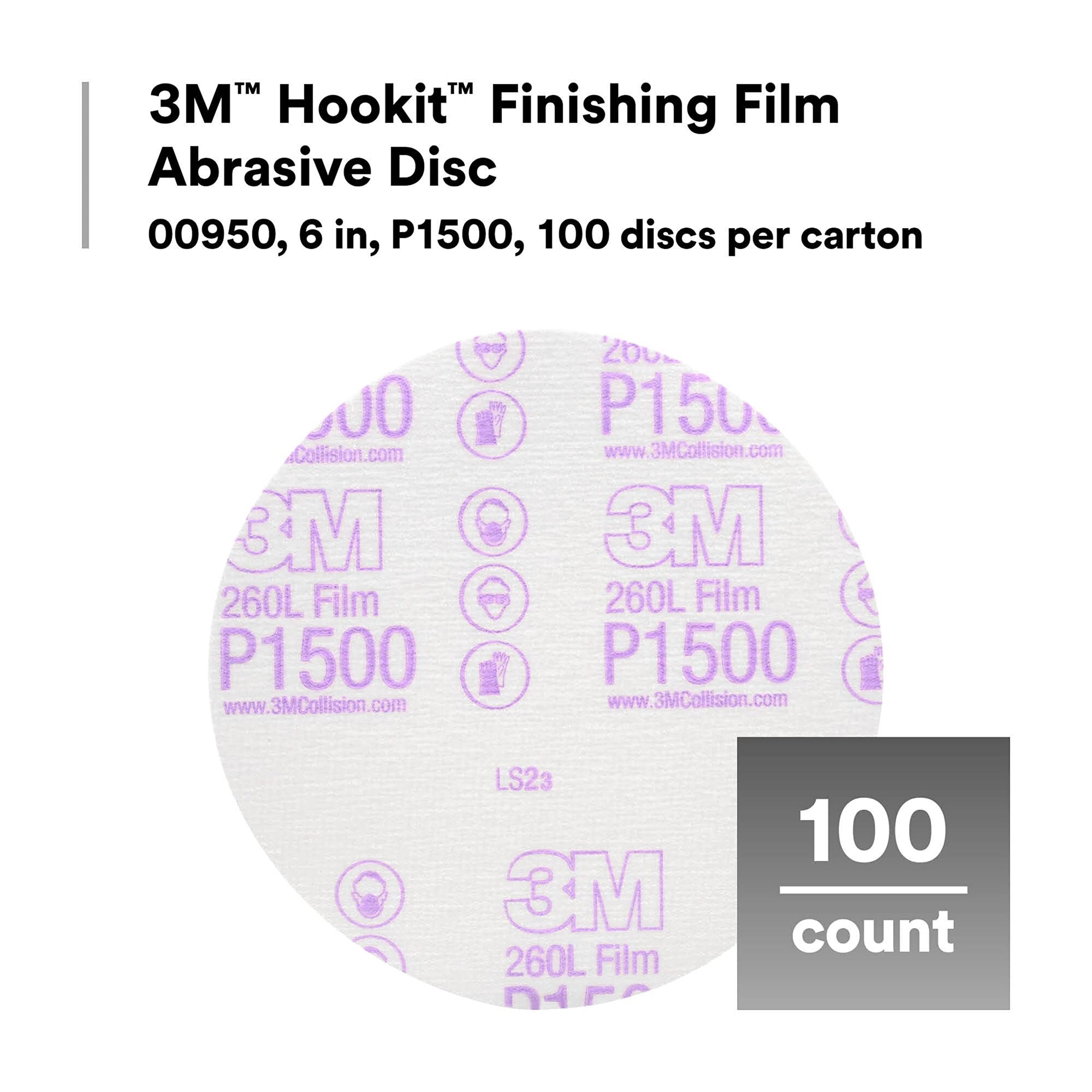 3M Finishing Film Hookit Abrasive Disc 00950, 6 in, 1500+ Grade, 100 Pack, Clear Coat Sanding, Paint Finishing, Defect Removal, Tear Resistant