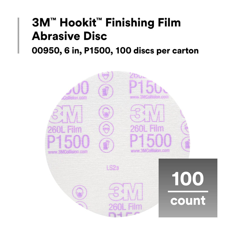 3M Finishing Film Hookit Abrasive Disc 00950, 6 in, 1500+ Grade, 100 Pack, Clear Coat Sanding, Paint Finishing, Defect Removal, Tear Resistant