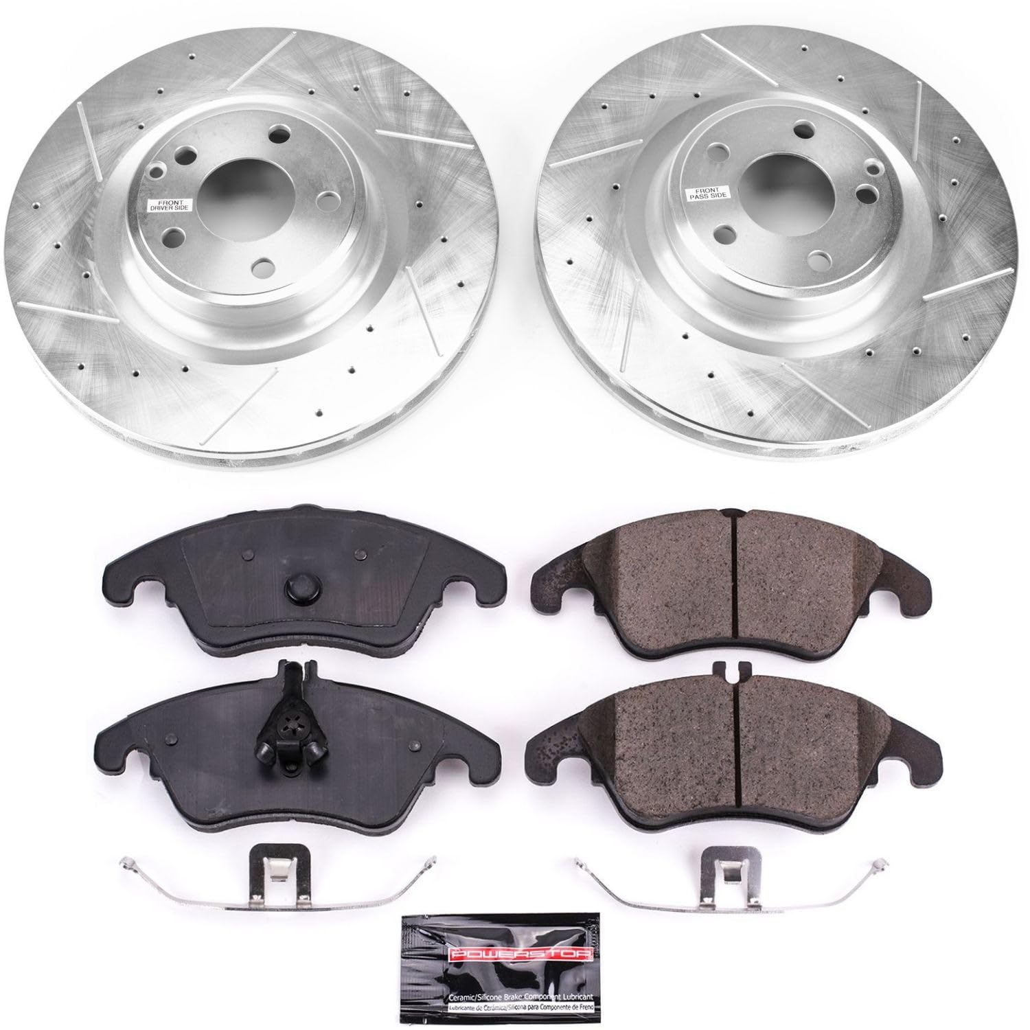 Power Stop K6893 Z23 Carbon Fiber Brake Pads Front with Drilled & Slotted Brake Rotors Kit and 1 Front Sensor Wire For Mercedes SLC300, Mercedes SLK250, Mercedes SLK, Mercedes SLK350 [Model Specific]