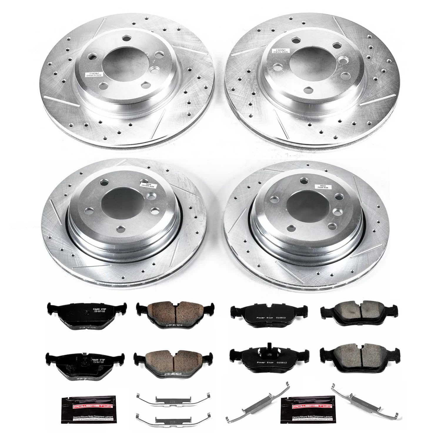 Power Stop K874 Z23 Carbon Fiber Brake Pads Front and Rear with Drilled & Slotted Brake Rotors Kit and 1 Front & 1 Rear Sensor Wires For BMW 325xi 2001-2005 [Model Specific]