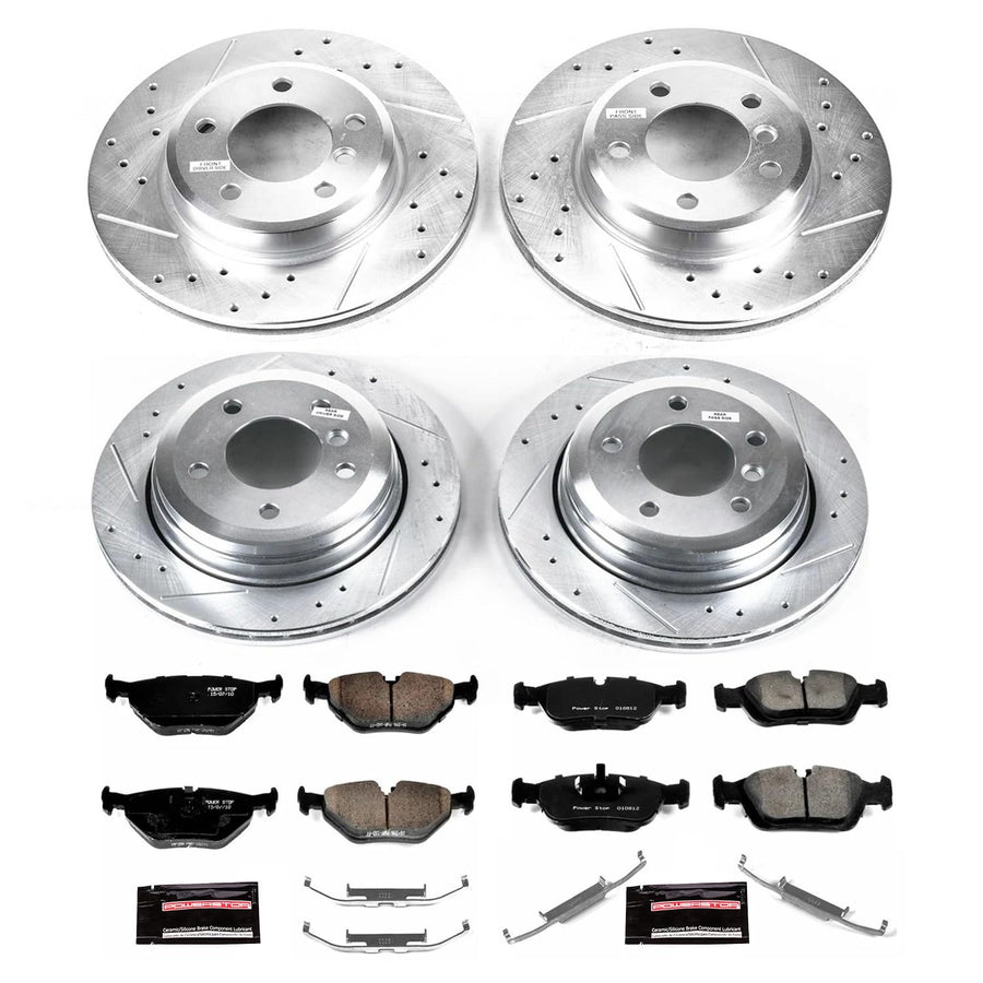 Power Stop K874 Z23 Carbon Fiber Brake Pads Front and Rear with Drilled & Slotted Brake Rotors Kit and 1 Front & 1 Rear Sensor Wires For BMW 325xi 2001-2005 [Model Specific]
