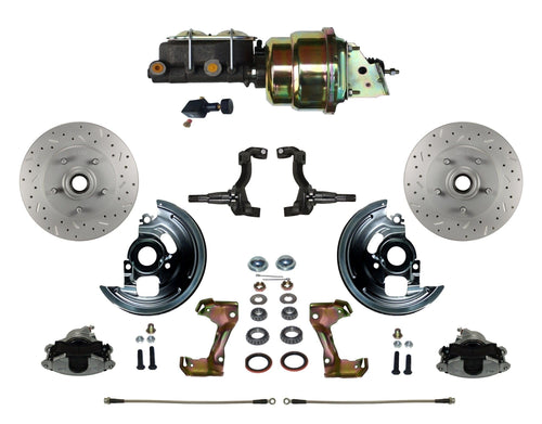 Power Front Disc Brake Conversion Kit LEED BRAKES Cross Drilled And Slotted Rotors With 7" Dual Zinc Booster Cast Iron M/C Adjustable Proportioning Valve