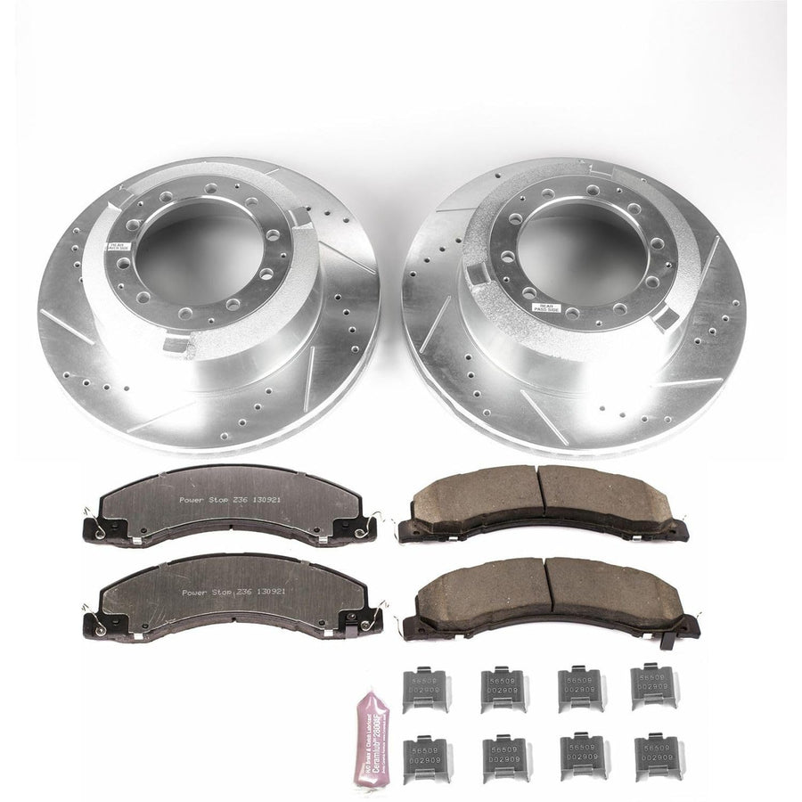 Rear Brake Kit Power Stop For 2013 2014 2015 2016 2017 2018 2019 2020 2021 2022 2023 2024 Ram 4500 - Truck & Tow Carbon Fiber Ceramic Brake Pads & Drilled and Slotted Rotors Replacement, K7800-36