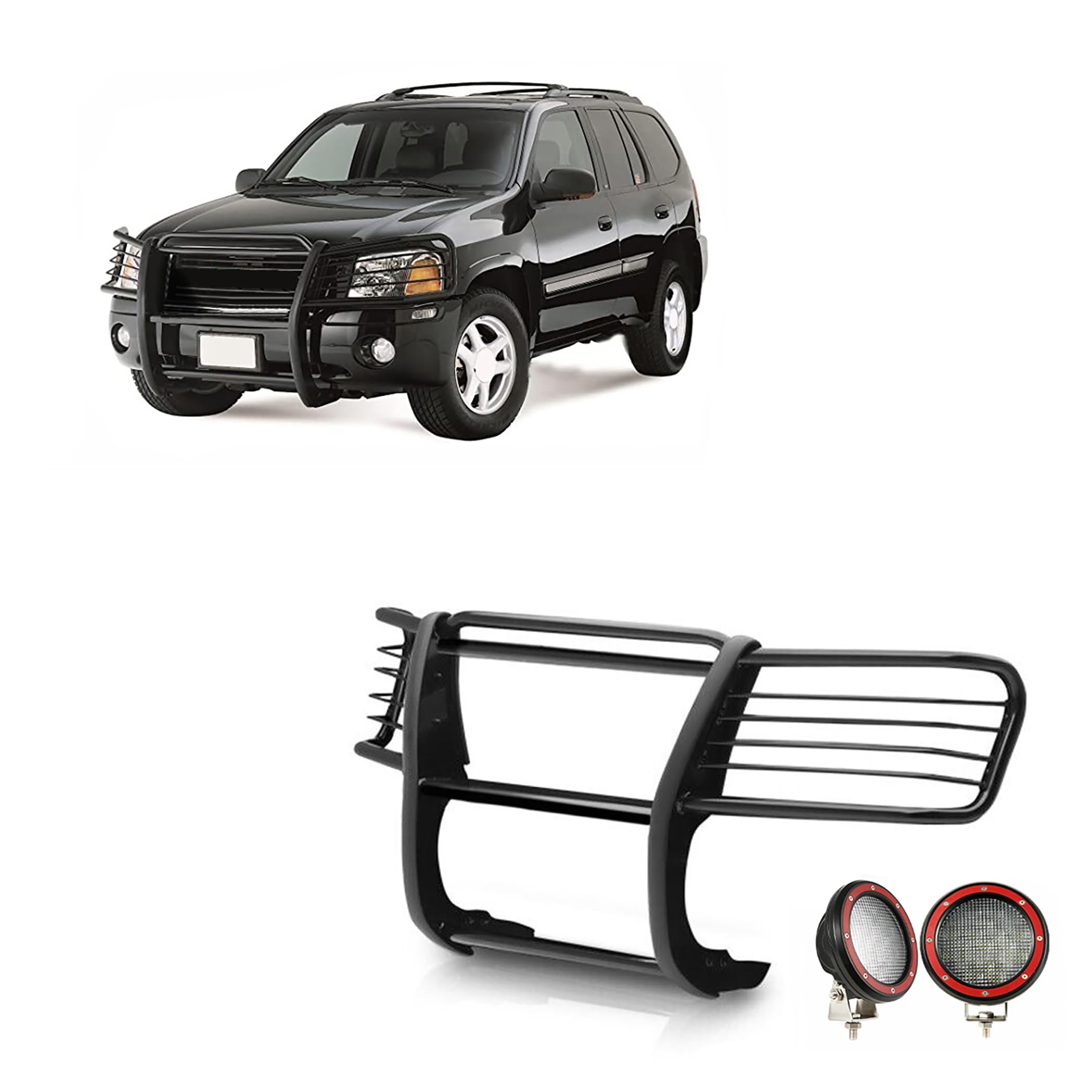 Bumper Guard Black Horse Grille Brush Modular Black Come with Pair of 5.3" Dia.LED Lights with Red Trim Rings Compatible with 2002-2006 GMC Envoy|2002-2006 GMC Envoy XL-17GD26MA-PLFR