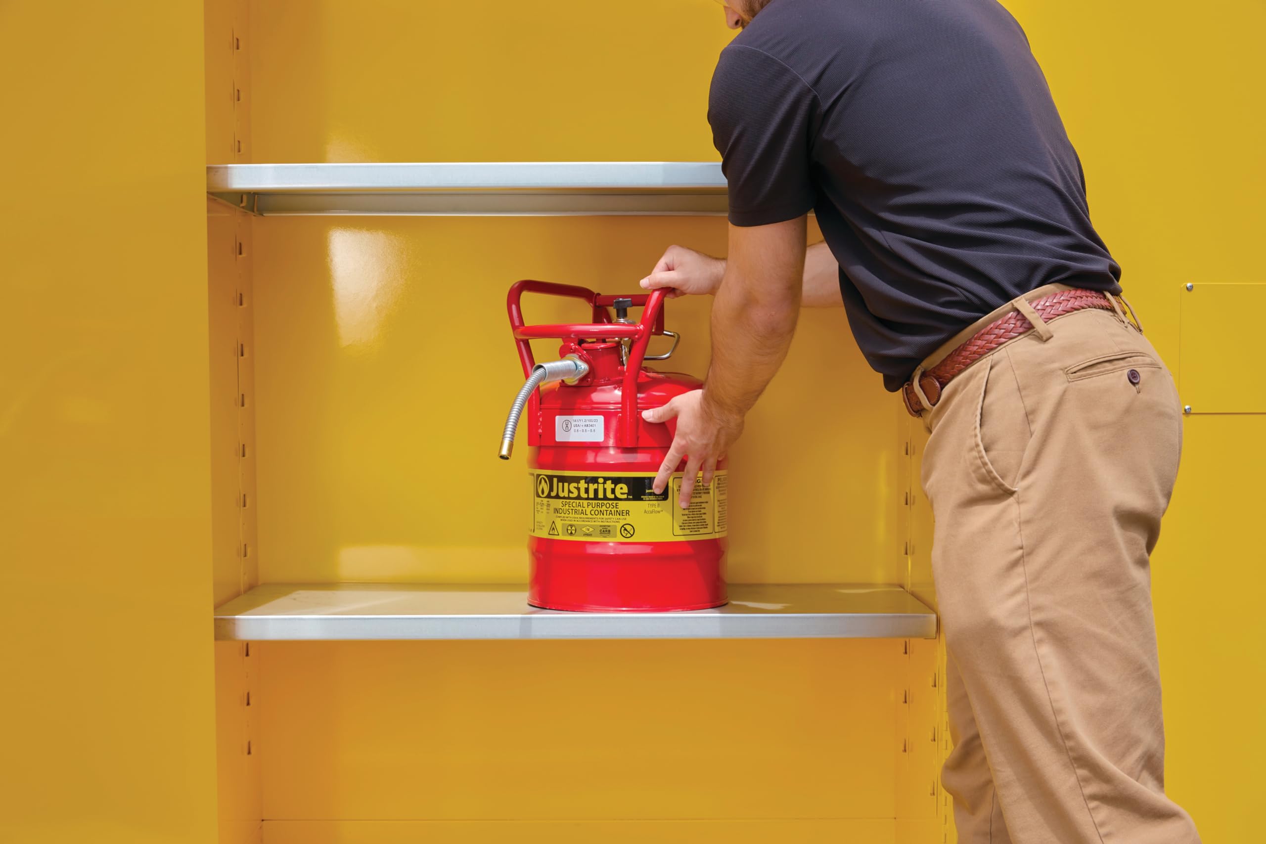 Justrite Outdoor Reinforced Steel Flammable Liquid Storage Cabinet, 2 Shelves with 350 lb. Capacity, 2 Manual-Close Door Fire Cabinet, 30 Gallon, 44"x 43"x 18", Made in The USA, Yellow, 813000