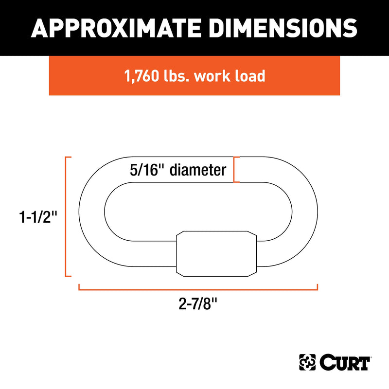 CURT Threaded Quick Link 82901 Trailer Safety Chain Hook Carabiner Clip, 5/16-Inch Diameter, 1760 lbs Break Strength, CLEAR ZINC