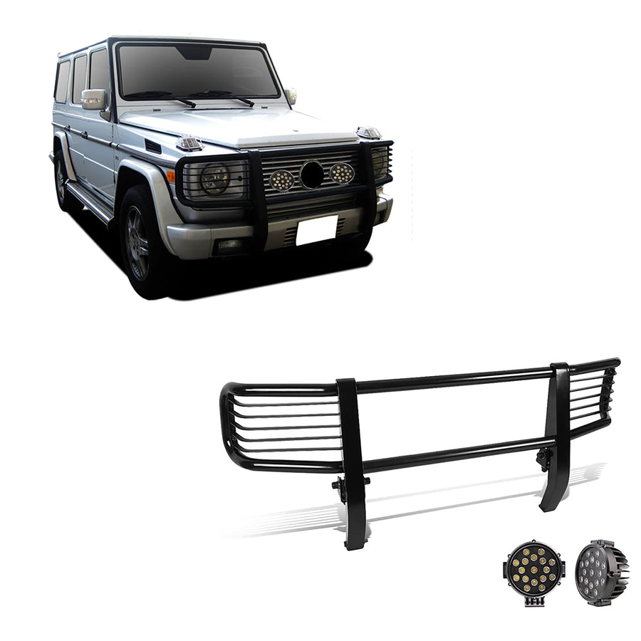 Black Horse Grille Brush Bumper Guard Black Modular Come with Pair of 7.0" LED Lights with Black Trim Rings Compatible with 2003-2010 Mercedes-Benz G55 AMG|1999-2010 Mercedes-Benz G500-PGBZA008A-PLB