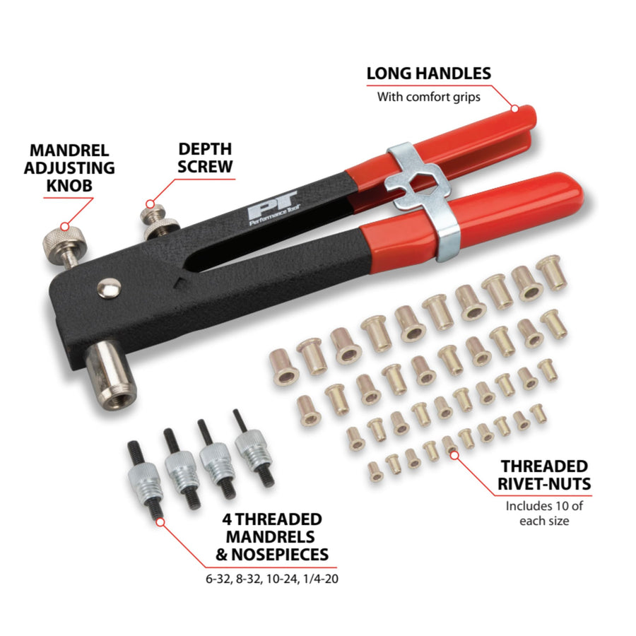 W2006 Performance Tool SAE Rivet Nut Kit Set, Riveter Tool, Rivet Nut Gun, Thread Hand Riveter, Rivet Gun, Riveting Tools with 45pc, Metric Rivet Nuts Included -/32, 8-32, 10-24, 1/4-20