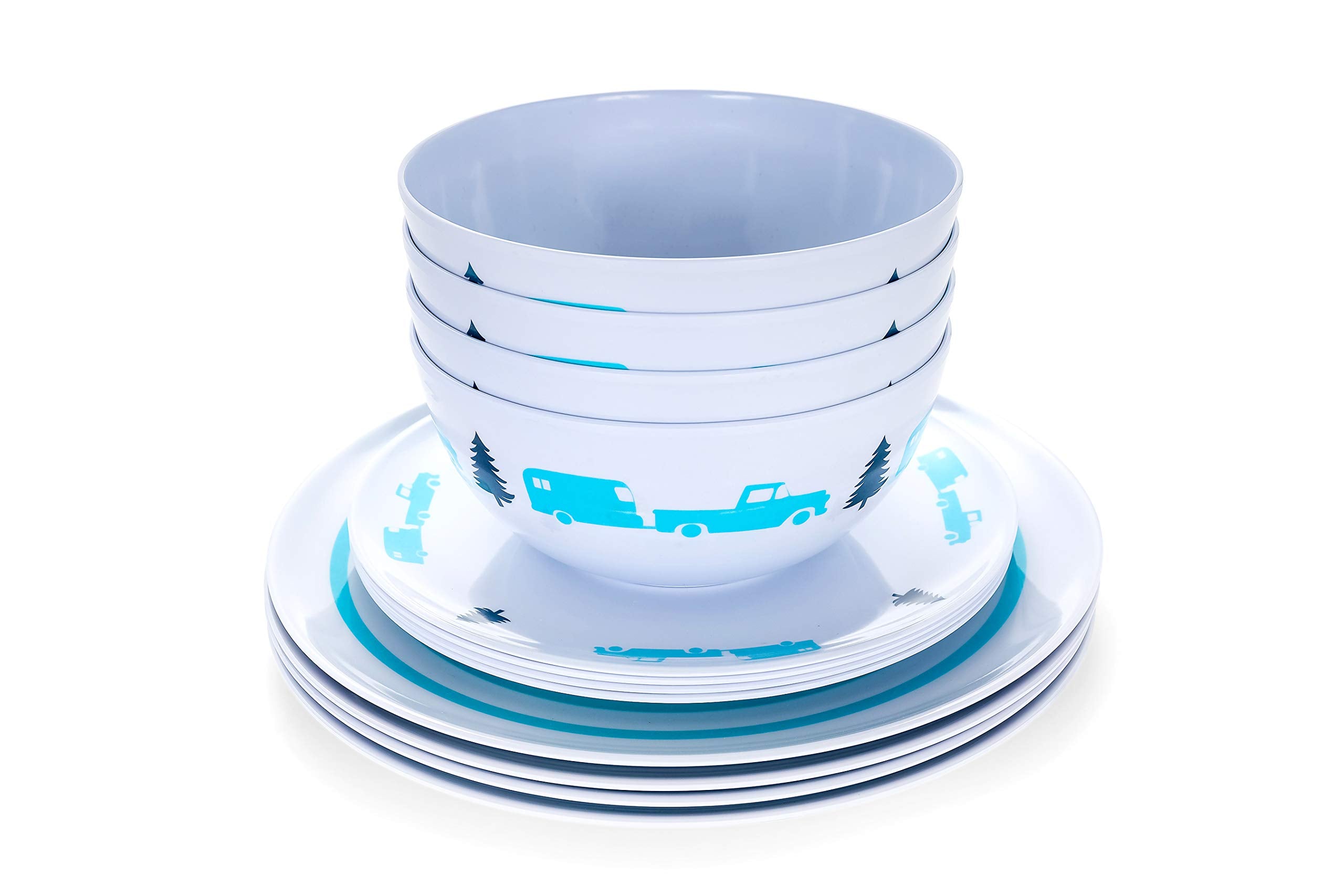 Camco Dishware Set Life is Better at The Campsite | Includes (4) Large Dinner Plates, (4) Small Salad Plates and (4) Bowls | Top Rack Dishwasher Safe | Blue Tree and Truck Design (53294)