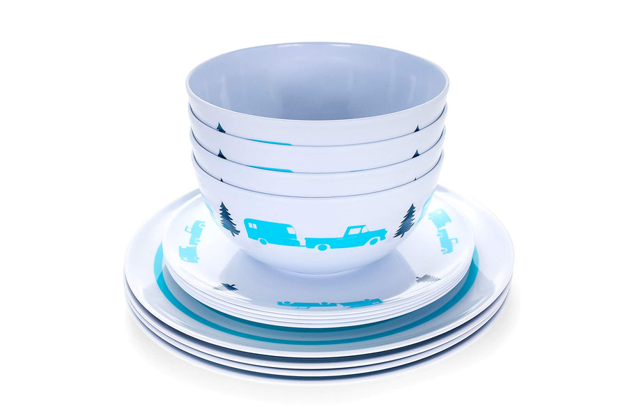 Camco Dishware Set Life is Better at The Campsite | Includes (4) Large Dinner Plates, (4) Small Salad Plates and (4) Bowls | Top Rack Dishwasher Safe | Blue Tree and Truck Design (53294)