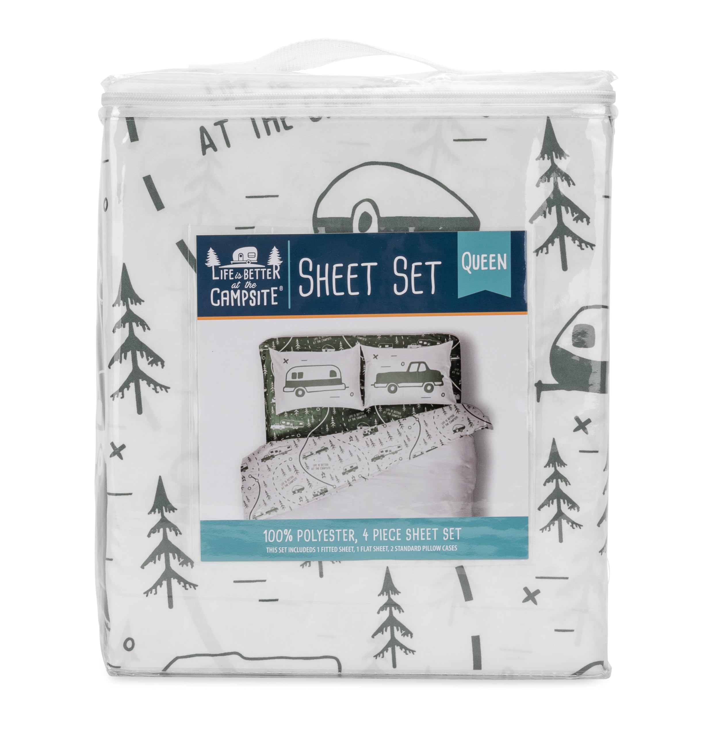 Camco RV Bed Sheet Set is Better at The Campsite Life | for RV Queen-Size Beds | Features a Green Map Design (53476)