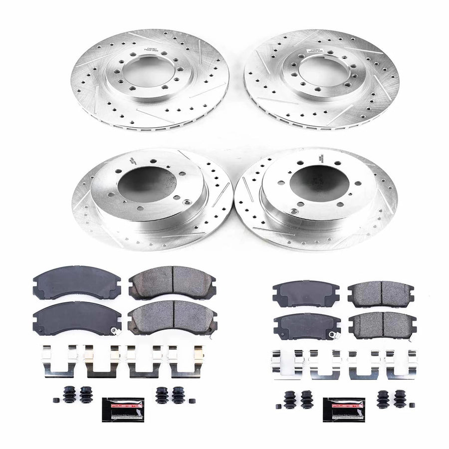 Power Stop K4305 Z23 Carbon Fiber Brake Pads Front and Rear with Drilled & Slotted Brake Rotors Kit For Mitsubishi Montero 1991-1996 [Model Specific]