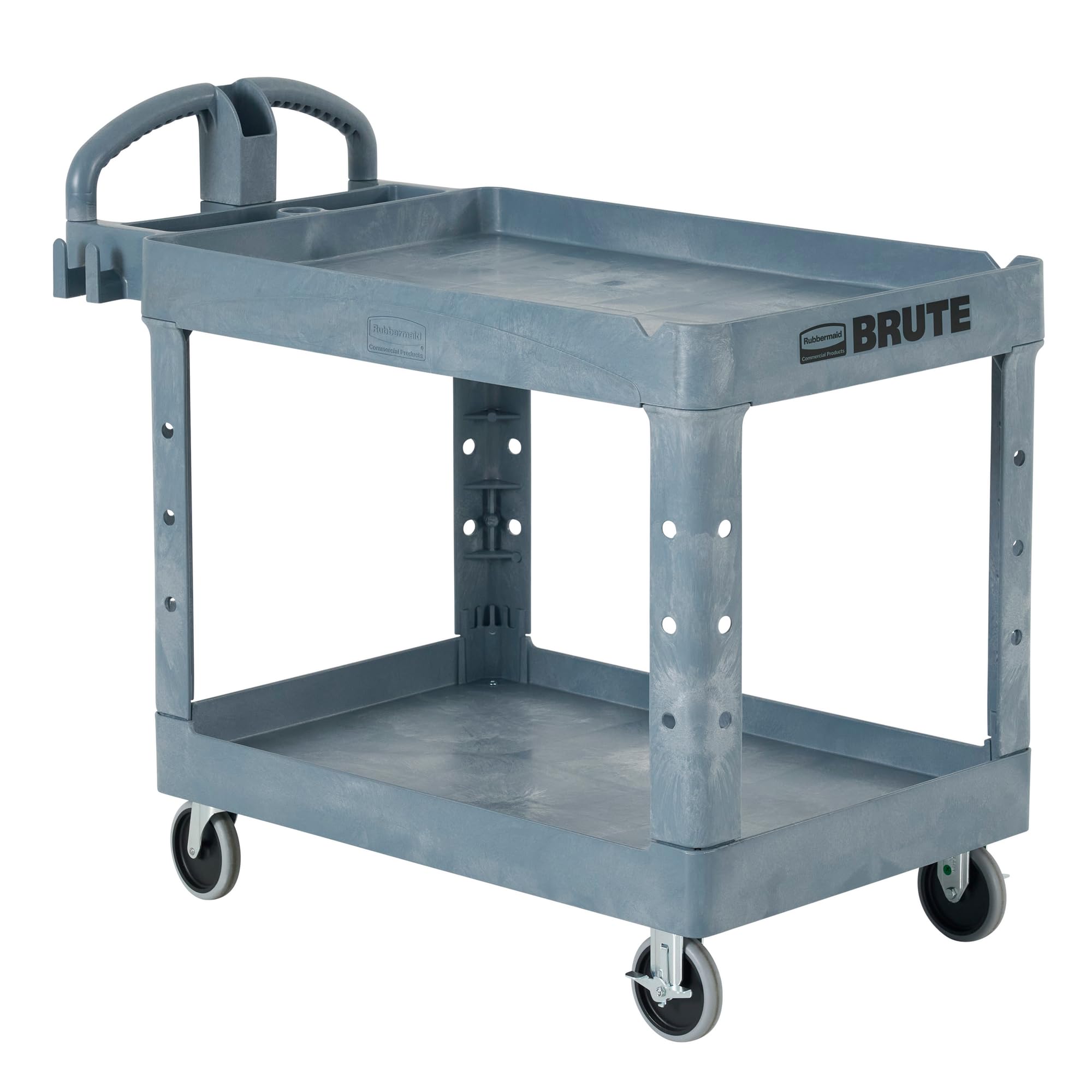 Rubbermaid Commercial Products Heavy Duty BRUTE 2-Shelf Utility/Service Cart, Medium, Lipped Shelves, Ergonomic Handle, 500 lbs. Capacity, Gray, for Warehouse/Garage/Cleaning/Maintenance/Stadiums