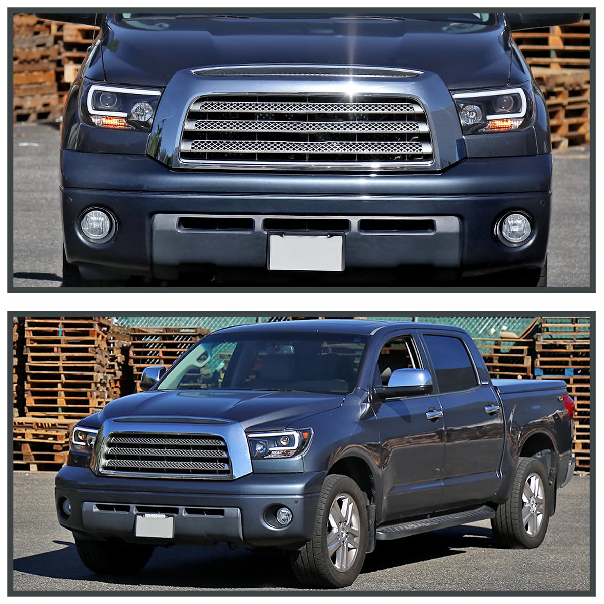 Black Projector Headlights w/LED Light Bar SPEC-D TUNING Compatible with 2007-2013 Toyota Tundra, 2008-2017 Toyota Sequoia, Left + Right Pair Headlamps Assembly
