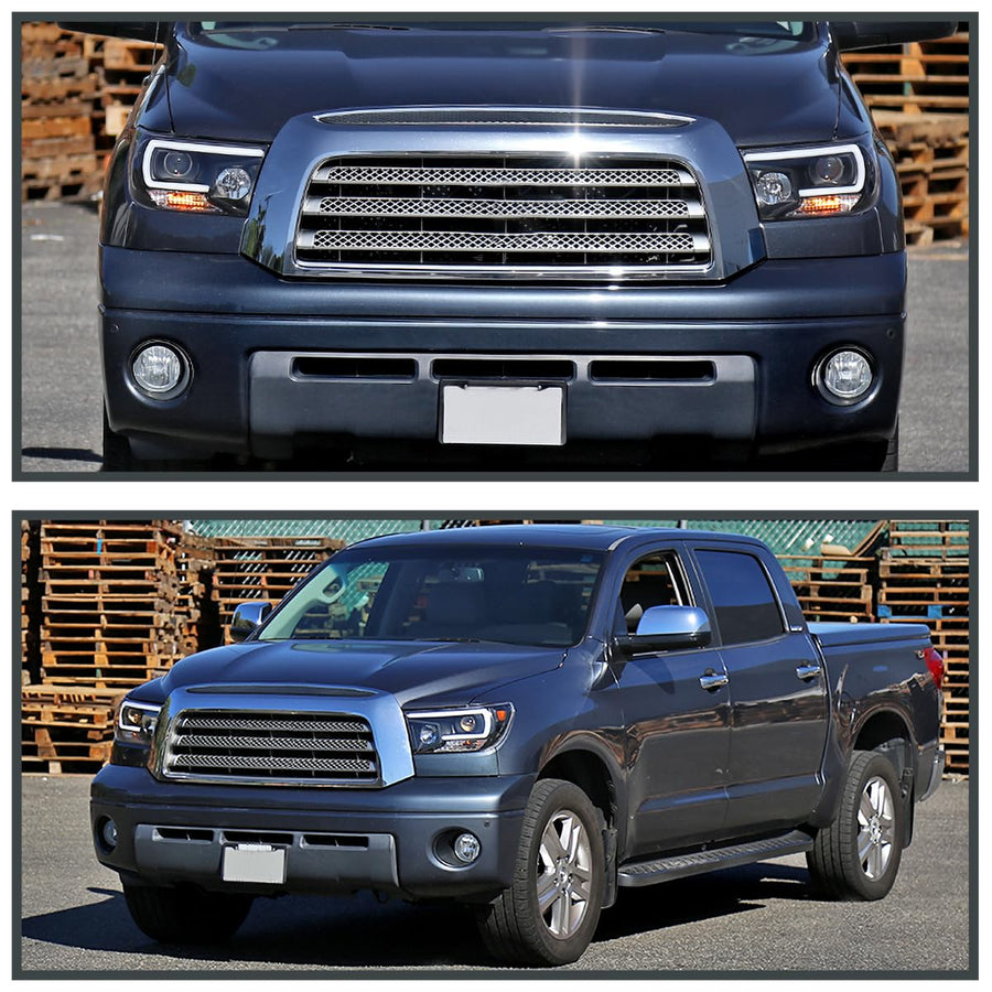 Black Projector Headlights w/LED Light Bar SPEC-D TUNING Compatible with 2007-2013 Toyota Tundra, 2008-2017 Toyota Sequoia, Left + Right Pair Headlamps Assembly