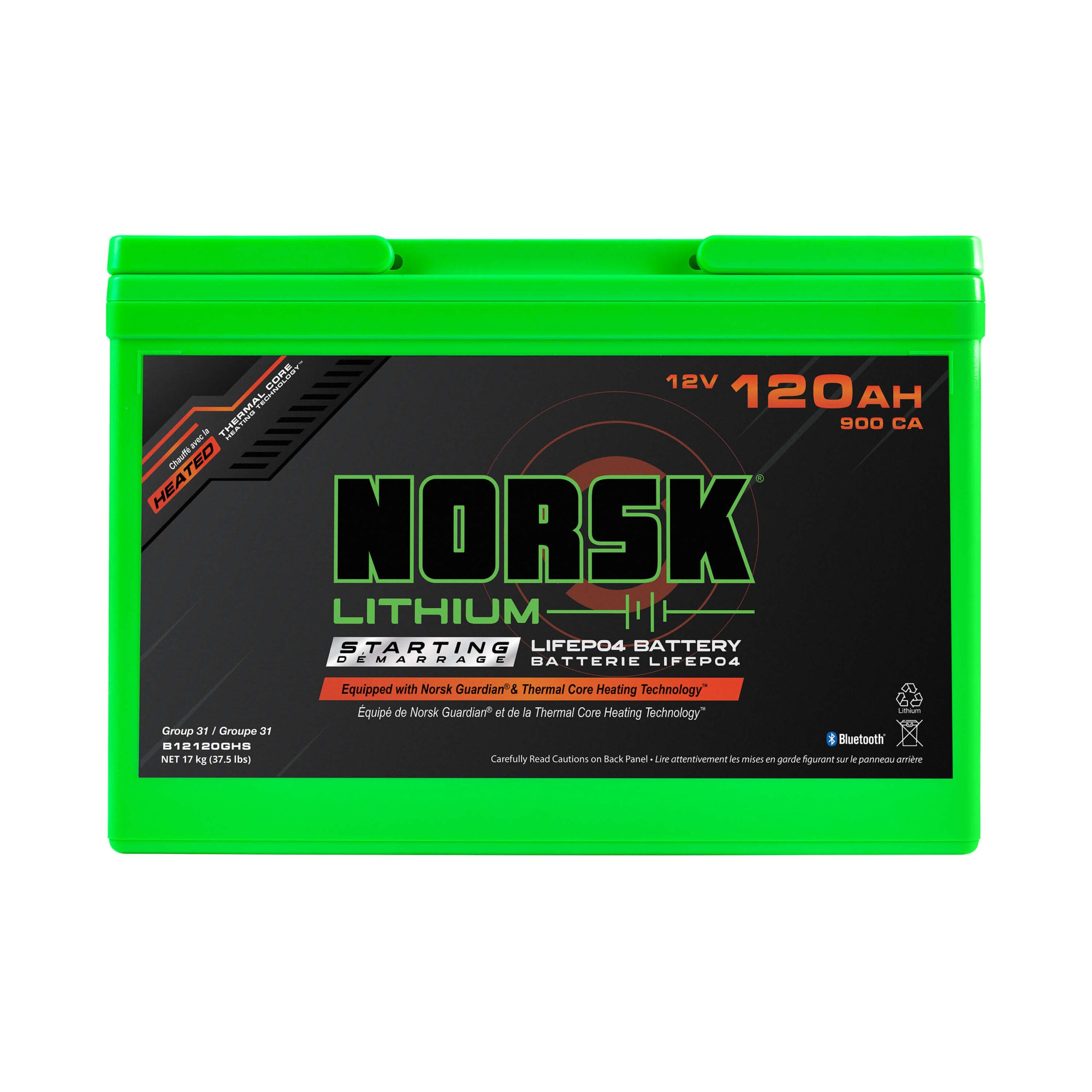 12V Norsk Lithium 120AH Heated Marine Lithium Cranking Battery | 900 CCA | LiFePO4 | Triple Terminals | Emergency Start Reserve | Deep Sleep | Bluetooth | 10+2 Year Warranty