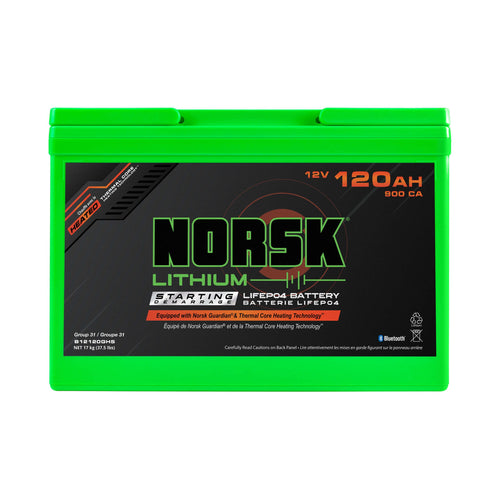 12V Norsk Lithium 120AH Heated Marine Lithium Cranking Battery | 900 CCA | LiFePO4 | Triple Terminals | Emergency Start Reserve | Deep Sleep | Bluetooth | 10+2 Year Warranty