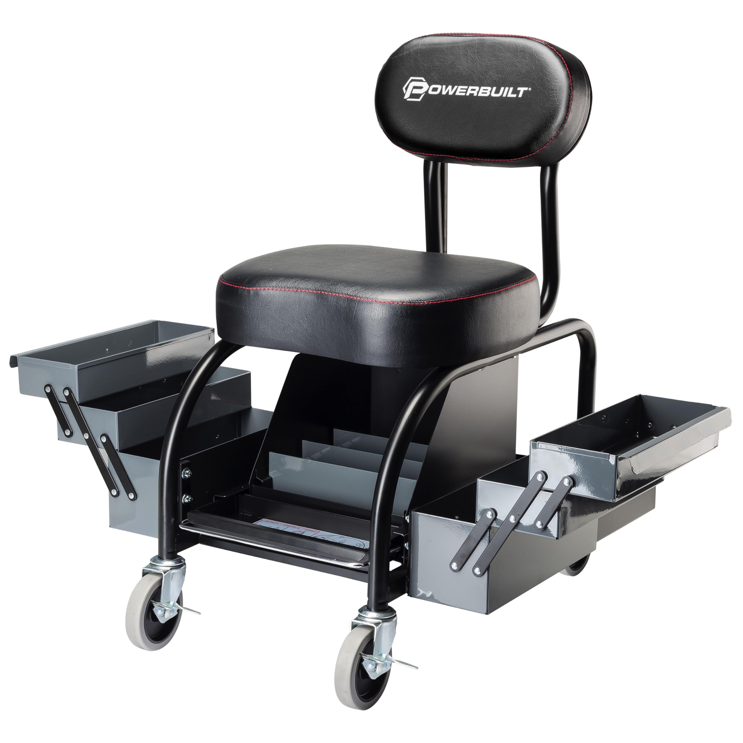 Powerbuilt Professional Roller Seat Mechanics, Heavy Duty Padded Detailer Seat and Backrest, Sliding Storage Drawers, Tool Tray, Can Holders, 4-Inch Swivel Wheels
