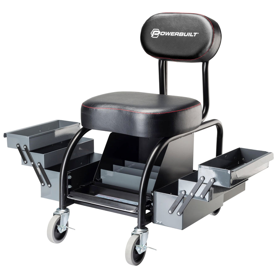 Powerbuilt Professional Roller Seat Mechanics, Heavy Duty Padded Detailer Seat and Backrest, Sliding Storage Drawers, Tool Tray, Can Holders, 4-Inch Swivel Wheels