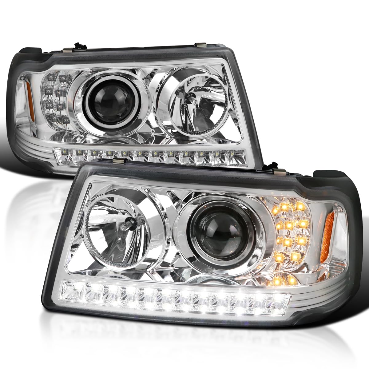 Chrome Projector Headlights w/LED Strip and LED Turn Signal SPEC-D TUNING Compatible with 2001-2011 Ford Ranger, Left + Right Pair Headlamps Assembly