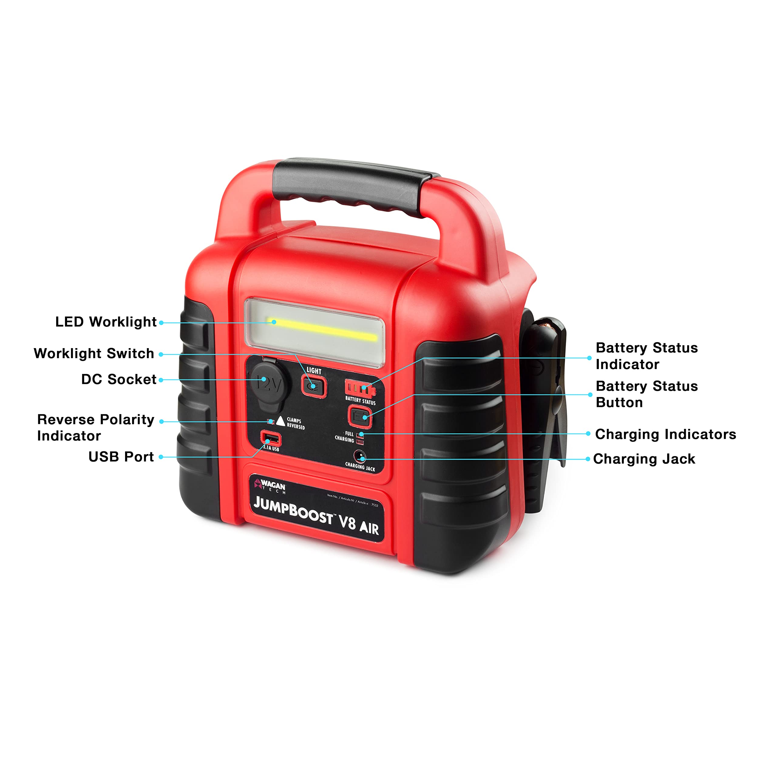 Wagan Jumpboost EL7552 V10 Air 1000 Peak Amps 12V Jump Starter with 260 PSI Powerful Air Compressor Tire Inflator, 1 Built-in DC Socket and 2A USB Port, Work Light
