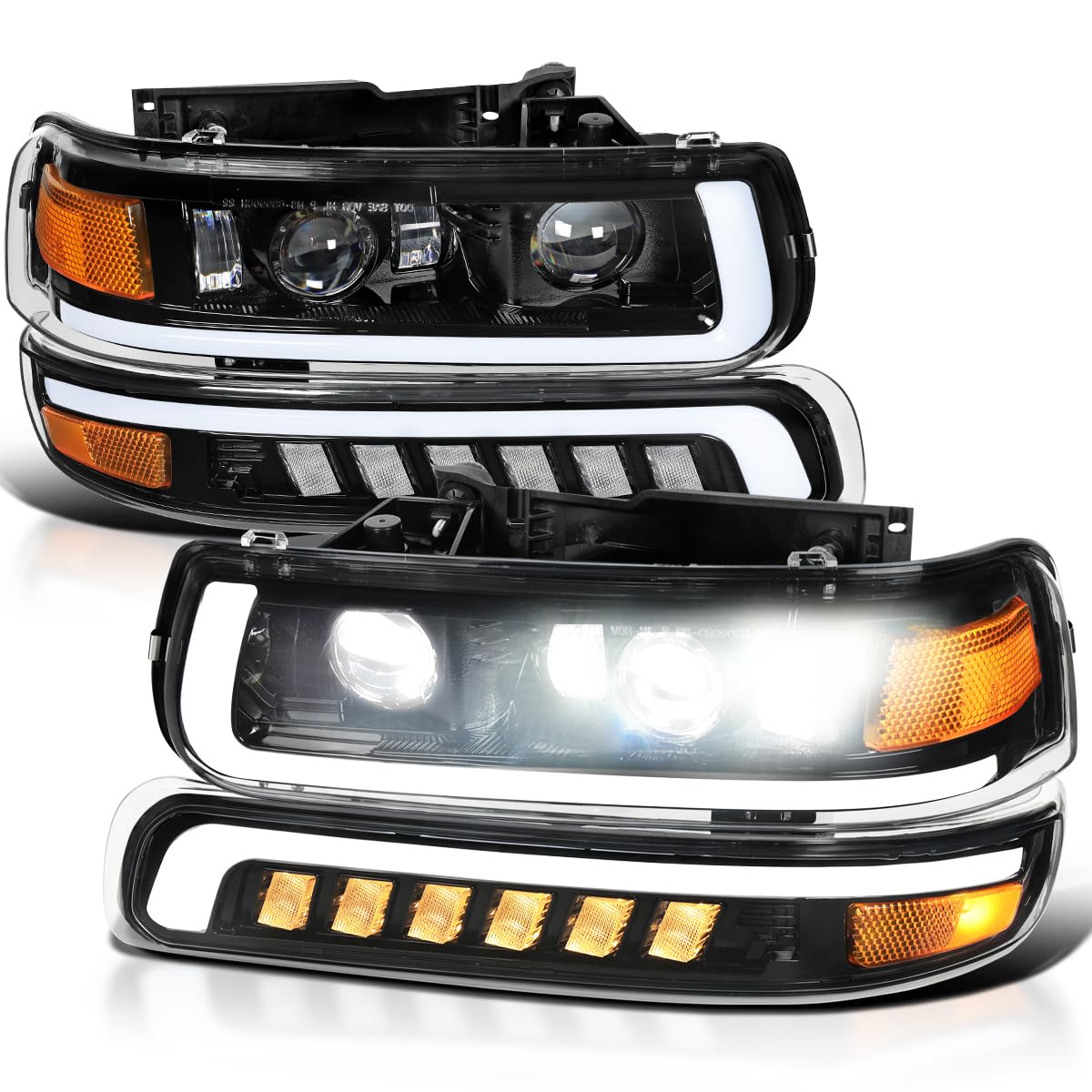 Full LED Jet Black Projector Headlights + Bumper Lights SPEC-D TUNING Compatible with 1999-2002 Chevy Silverado 1500/2500, 01-02 Silverado 1500HD/2500HD/3500, 00-06 Tahoe/Suburban 1500/2500
