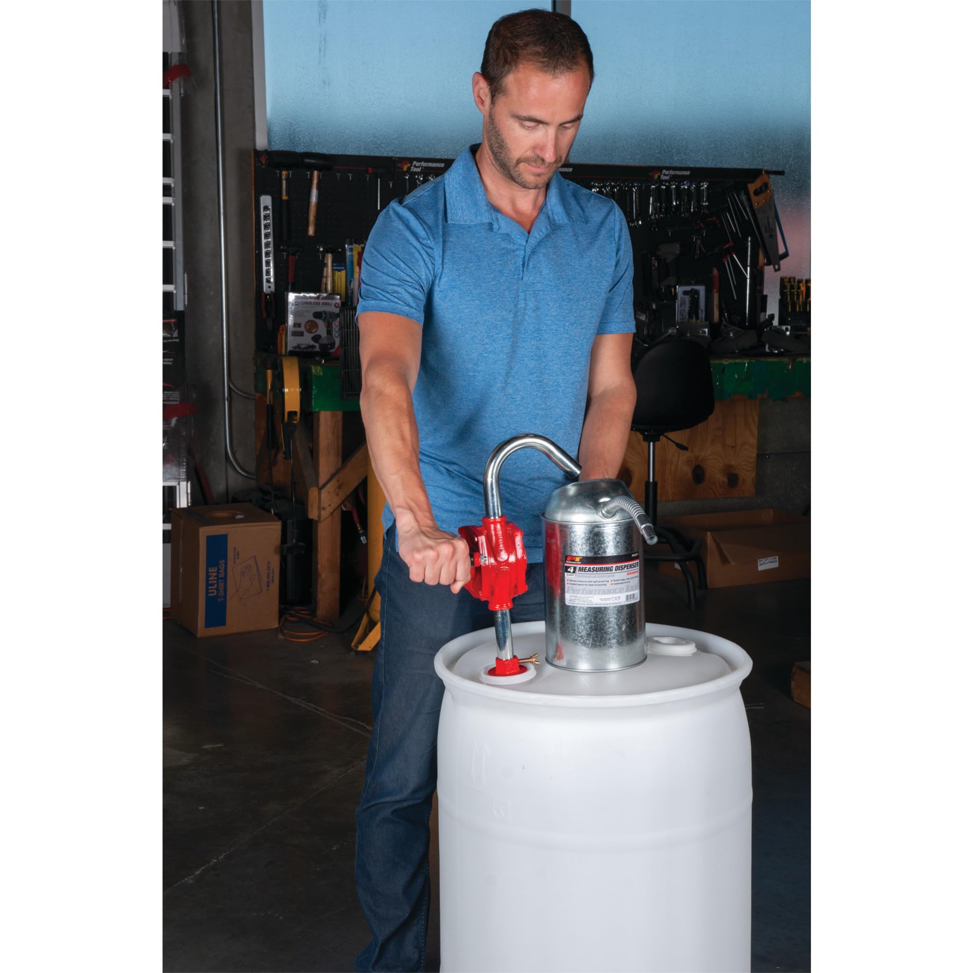 W54270 Performance Tool Rotary Barrel Pump, Pumps Light to Medium Viscosity Oils, 3 Piece Suction Pipe, 30-55 Gallon Barrels, Bung Adapter