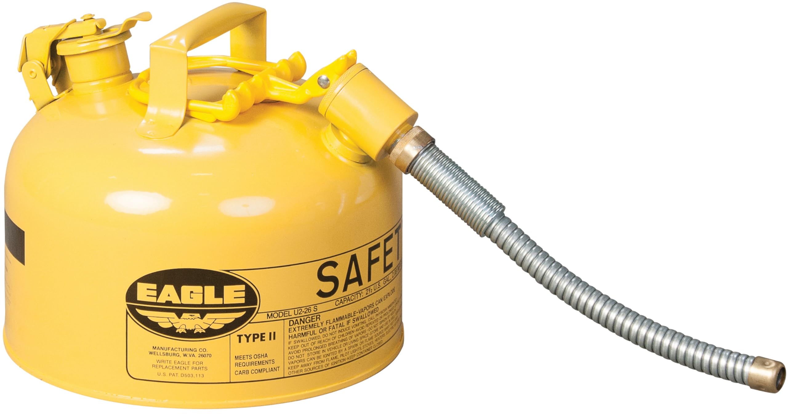 Eagle 2.5 Gallon Yellow Type II Safety Gas Can for Diesel with Flame Arrester, Self-Closing Lid, and 12" x 7/8" Flexible Metal Hose, Made in the USA, Galvanized Steel Flammable Storage Can, U226SY