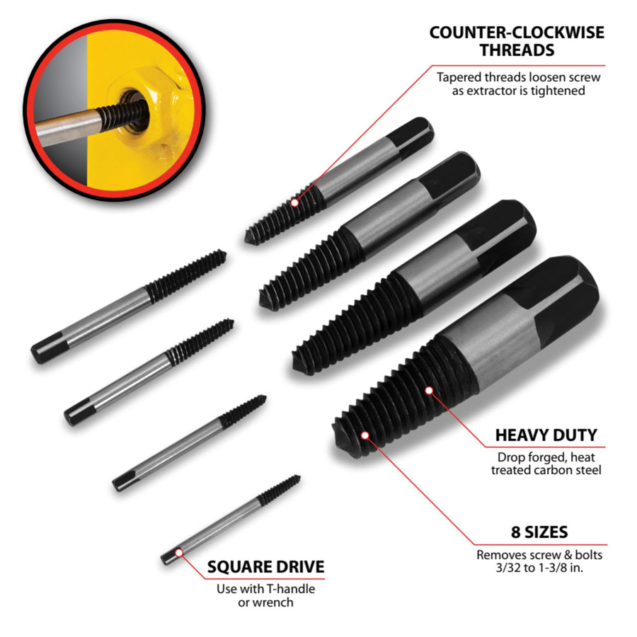 8-Piece Performance Tool W2968 Spiral Screw Extractor Set with Tapered Counter-Clockwise Threads and Blow Mold Storage Case