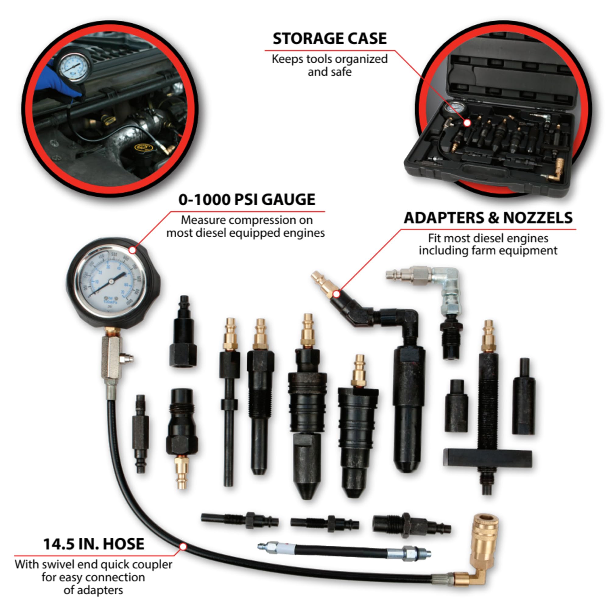 Diesel Compression Tester Kit Performance Tool W89735 for Large Cars, Trucks, Tractors, and Other Heavy-Duty Vehicles in Tough Organizer Case