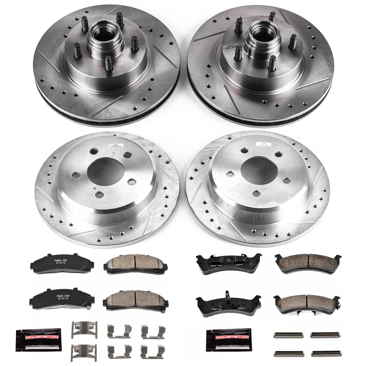 Power Stop K1855 Z23 Carbon Fiber Brake Pads with Front and Rear Drilled & Slotted Brake Rotors Kit