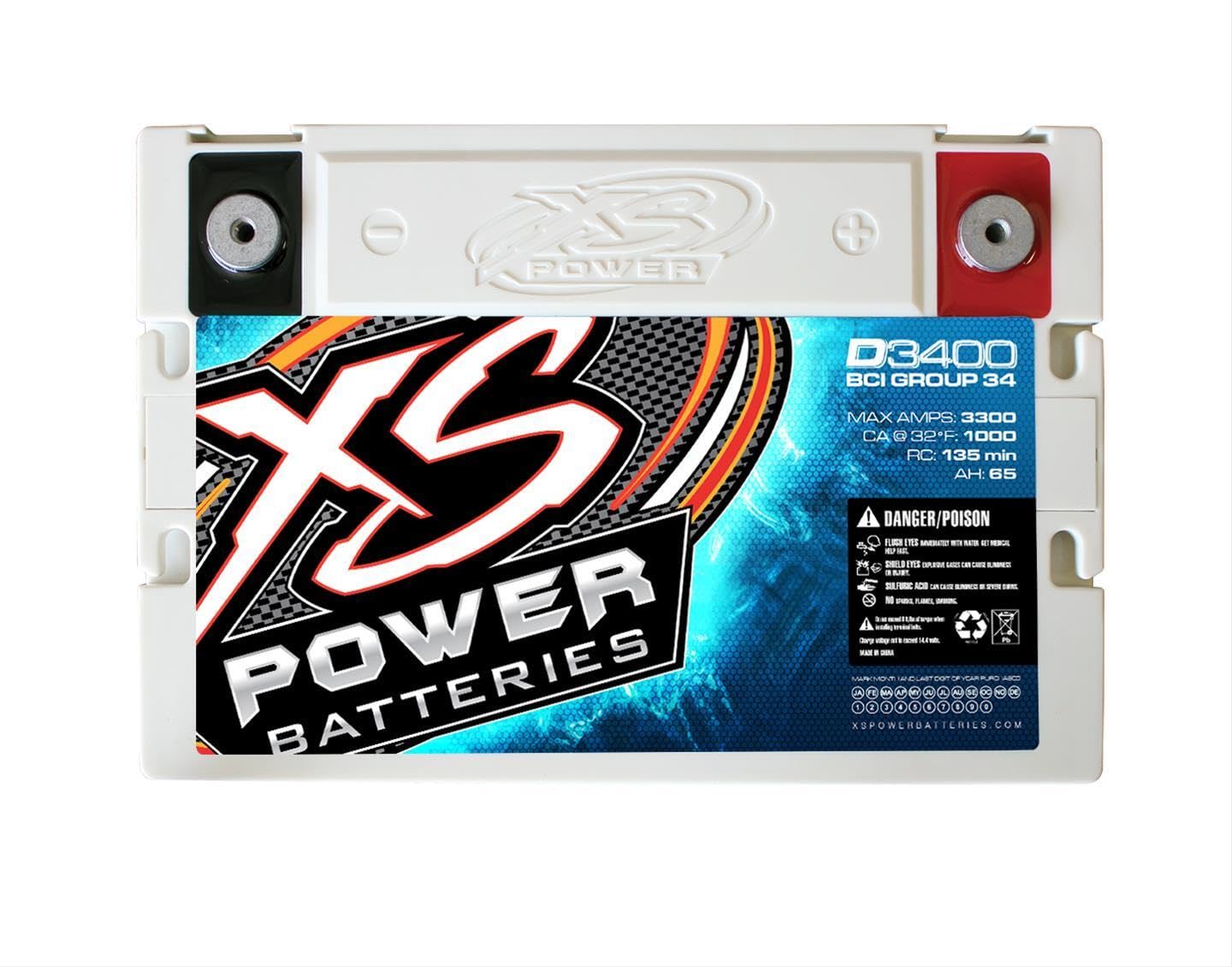 XS Power 12V D3400 XS Series 3,300 Amp AGM High Output Battery with M6 Terminal Bolt
