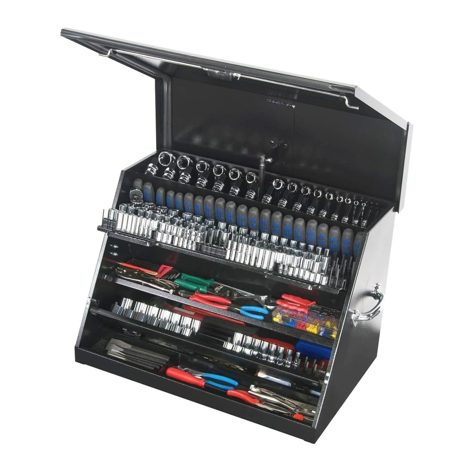 LA400B – Montezuma – 30-Inch Portable TRIANGLE Toolbox – Multi-Tier Design – 16-Gauge Construction – SAE and Metric Tool Chest – Weather-Resistant Toolbox – Lock and Latching System