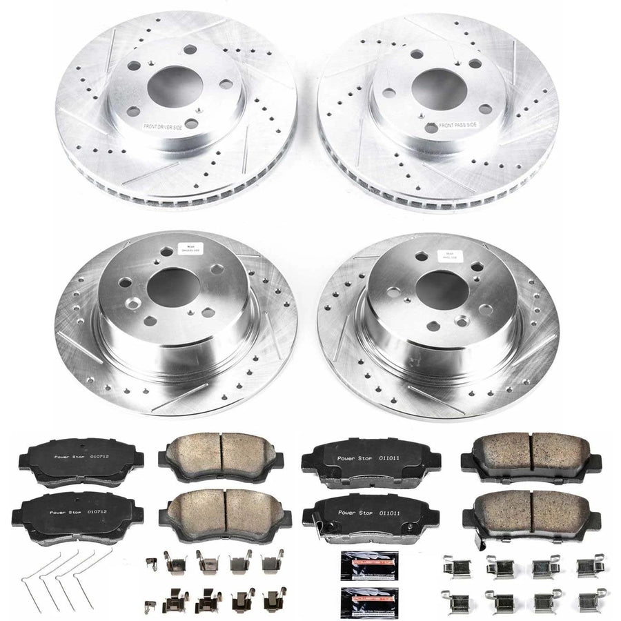 Power Stop K4359 Z23 Carbon Fiber Brake Pads Front and Rear with Drilled & Slotted Brake Rotors Kit For Toyota Avalon 1995-1997 [Model Specific]