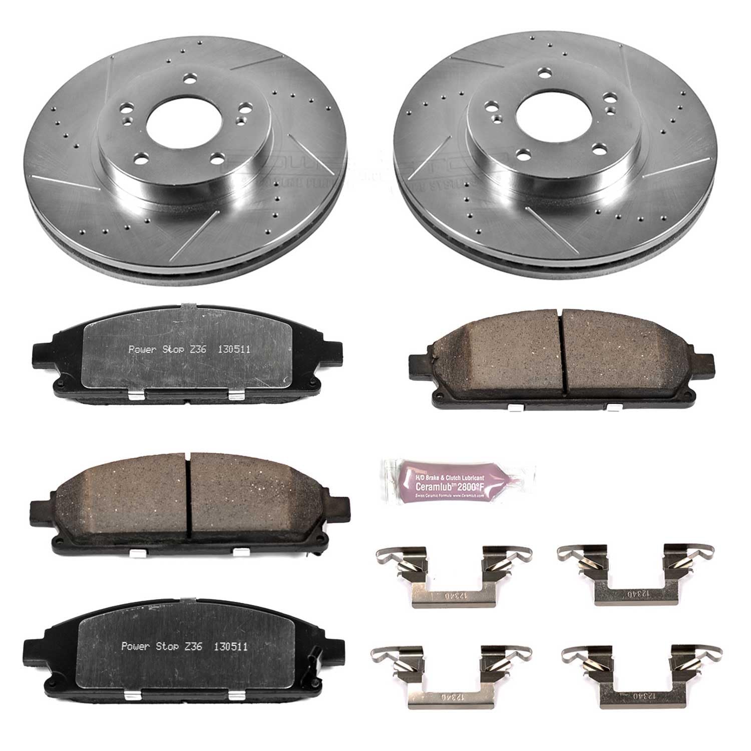 Front Brake Kit Power Stop For 1997 1998 1999 2000 2001 Infiniti Q45 - Truck & Tow Carbon Fiber Ceramic Brake Pads & Drilled and Slotted Rotors Replacement, K1179-36