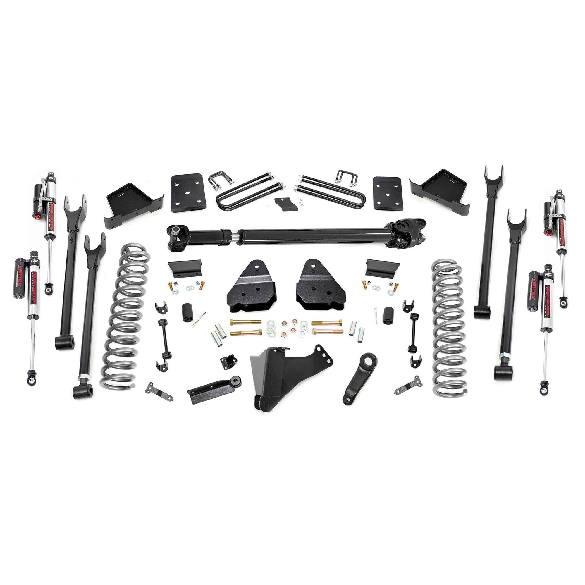 Rough Country 6 Inch Lift Kit with Vertex Reservoir Shocks 4-Link for Ford F-250/F-350 Super Duty (2017-2022 w/OVLDS) - Fits 4" Axle, Diesel Only, Includes FR Driveshaft