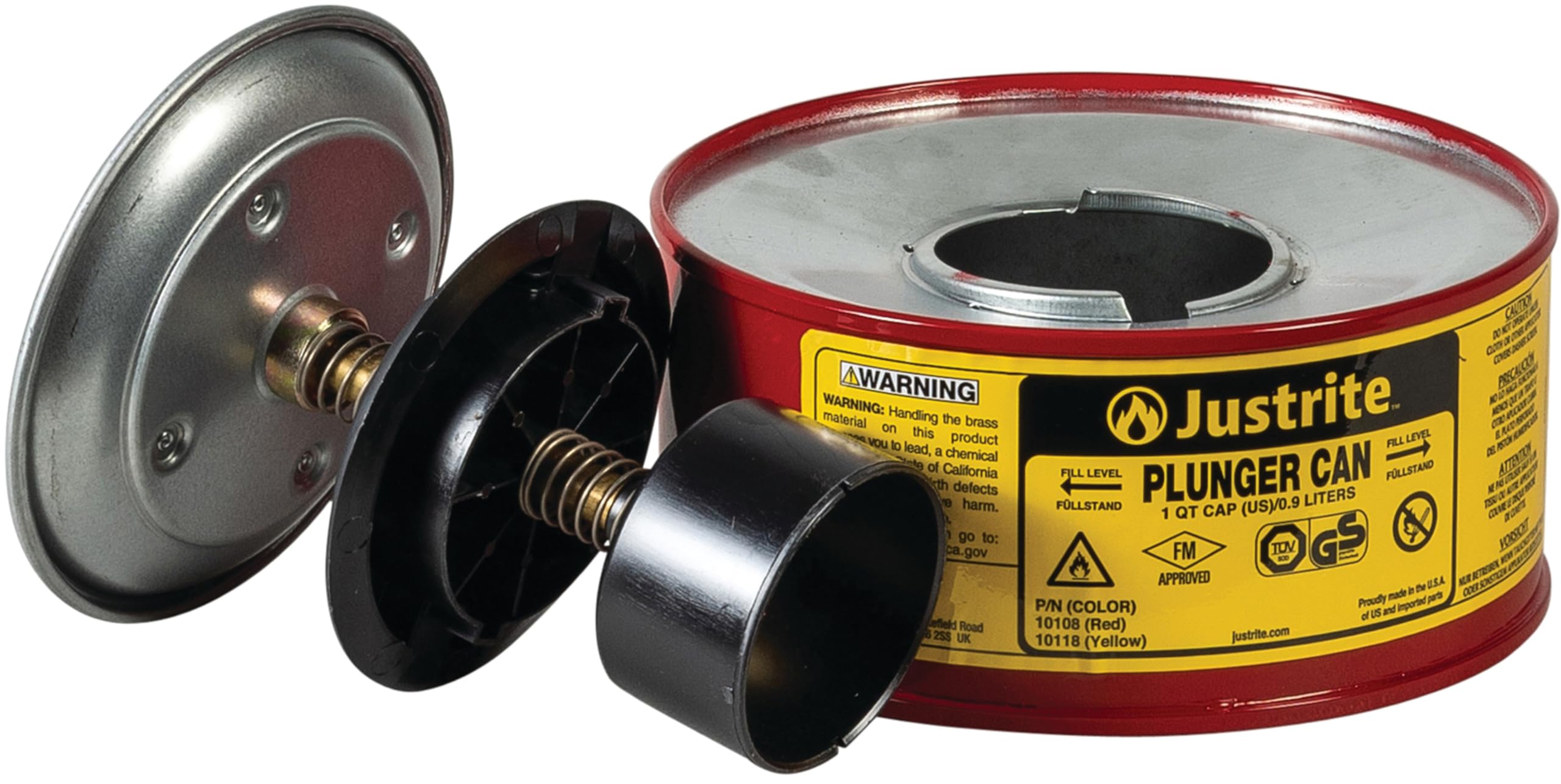 Justrite Solvent Plunger Can for, 1 Quart Capacity, 5.6" x 7.25" Steel Push-Down Dispenser Can, Made in the USA Industrial Mechanic Tools, Red, 10108