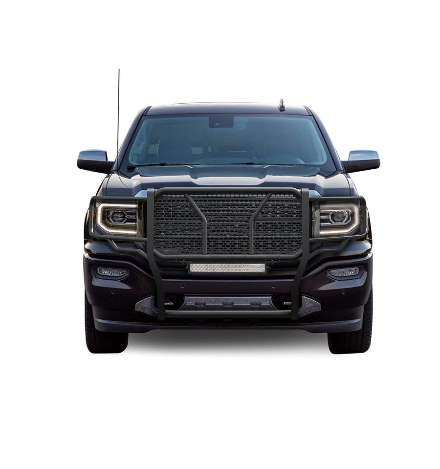 Heavy Duty Black Horse RUGGED Grille Brush Bumper Guard Modular Black Come with 20" Double Row LED Light Compatible with 2014-2018 GMC Sierra 1500|2019-2022 GMC Sierra 1500 Limited-RU-GMSI14-B-K1