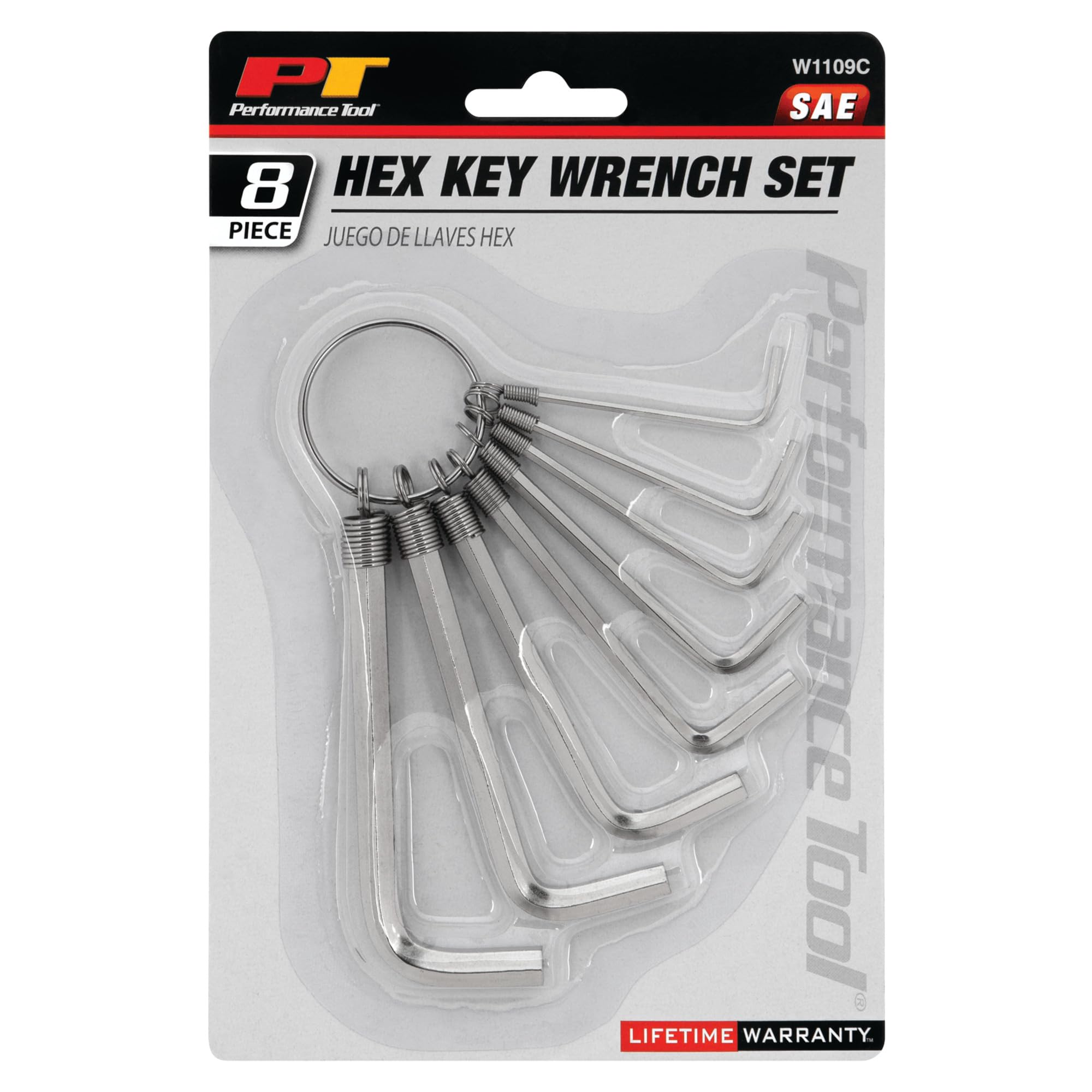 W1109C Performance Tool SAE Hex Key Set with Key Ring Holder - Chrome Plated Steel - 8-Piece Set in Sizes from 1/16 to 1/4-Inch