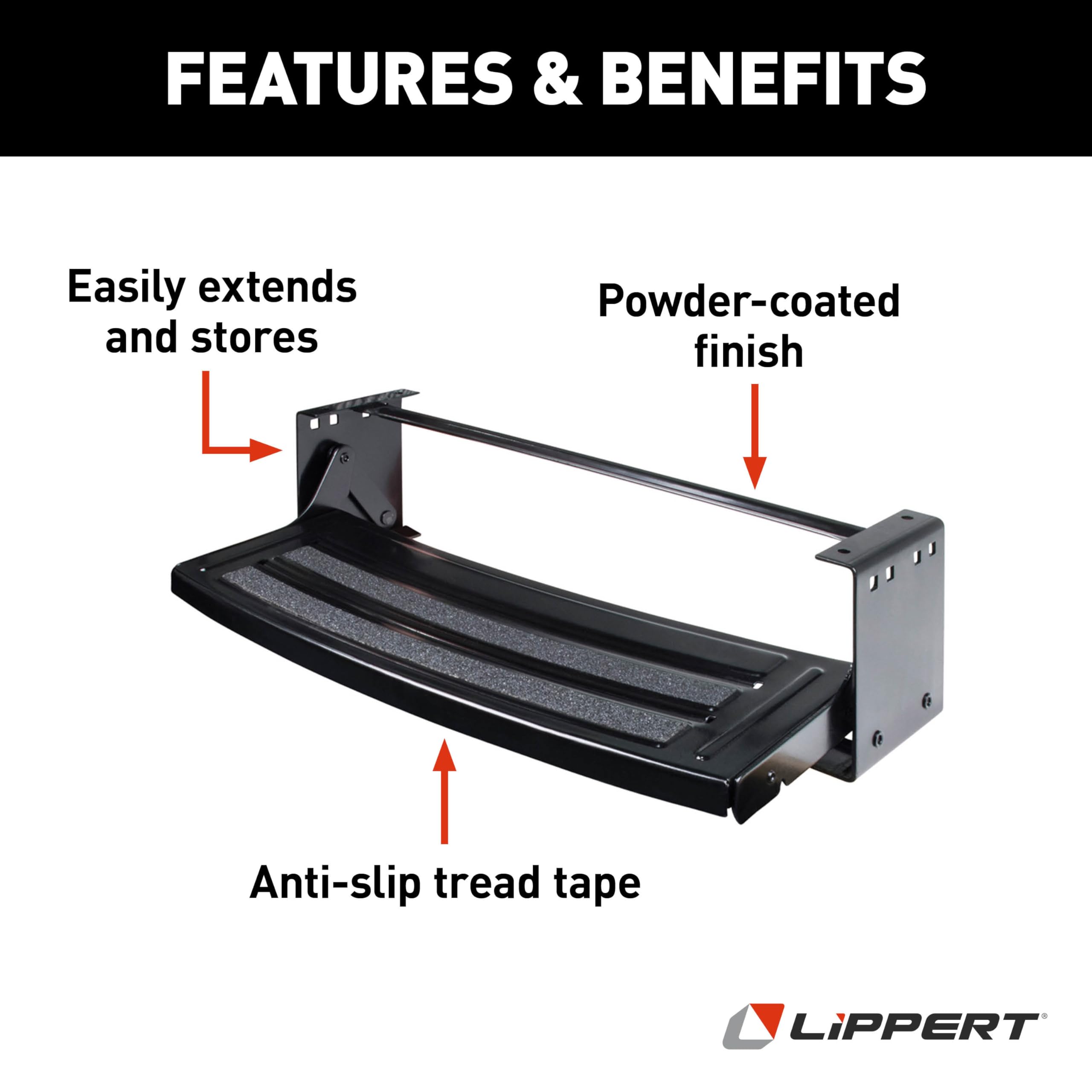Radius Lippert Components 24" Single Manual RV Step Assembly, 300 lbs. Anti-Slip Steps, Compact One-Hand Expand or Collapse, Black Powder Coat, Travel Trailers, 5th Wheels, Campers - 432678