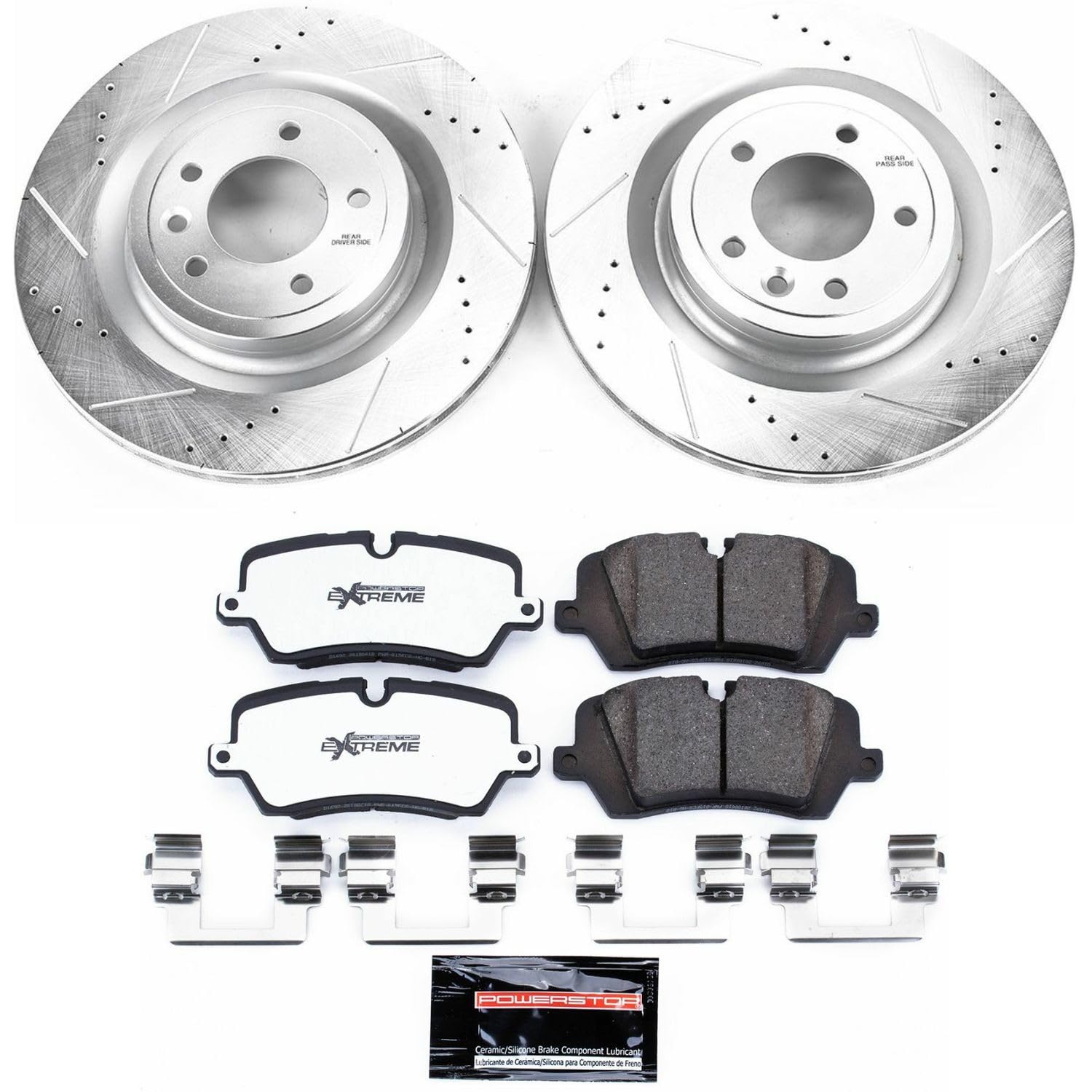 Power Stop K7174-36 Z36 Truck & Tow Rear Brake Kit, Carbon Fiber Ceramic Brake Pads and Drilled/Slotted Brake Rotors and 1 Rear Sensor Wire For Discov, Range Rover, Range Rover Sport [Model Specific]