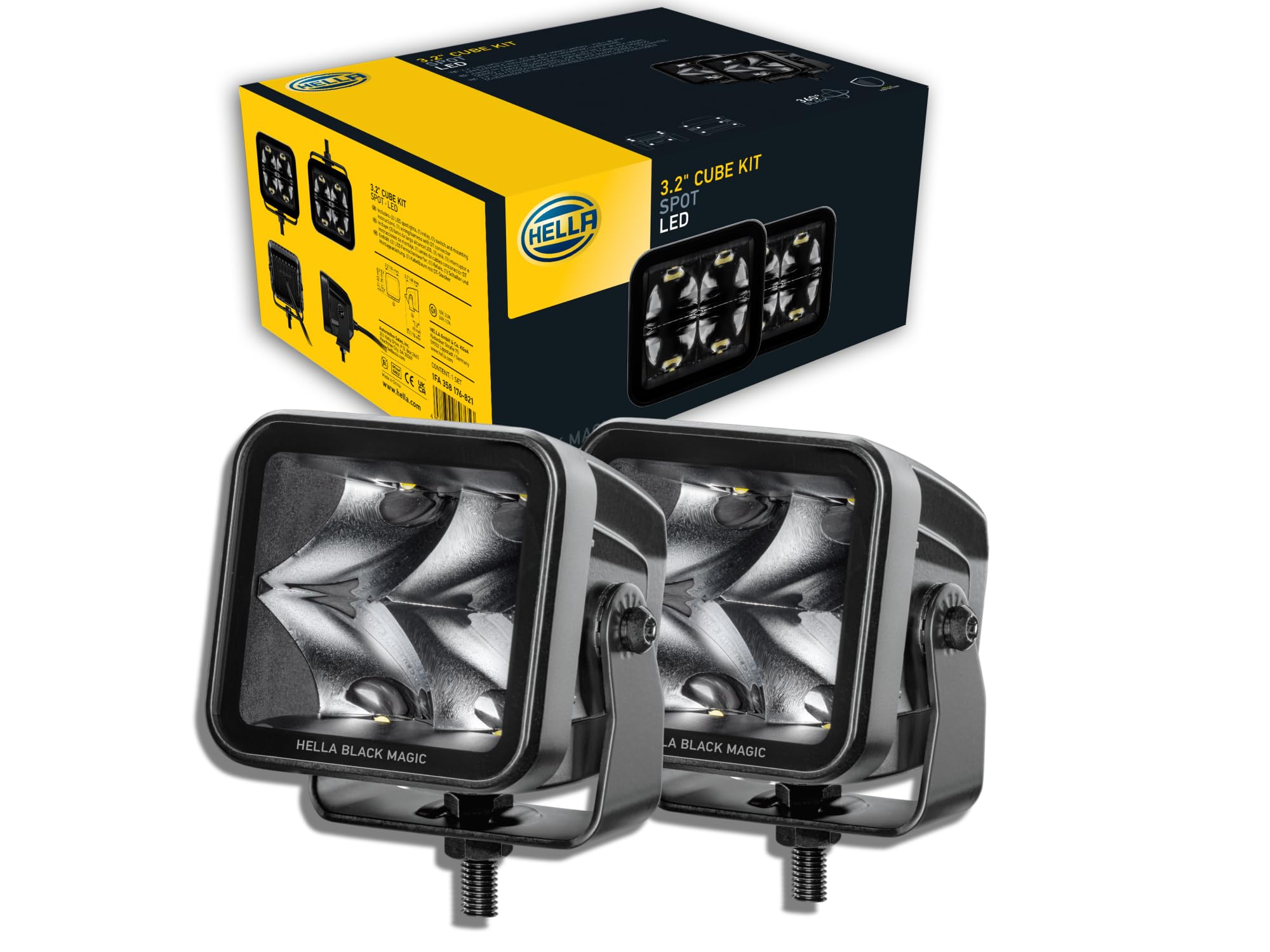 HELLA LED-Spotlight 1FA 358 176-821 - Black Magic Cube Kit 3.2" - 12/24V - mounting - Long-Range Illumination - Cable: 500mm - Plug: Deutsch Plug - Kit - Quantity: 2