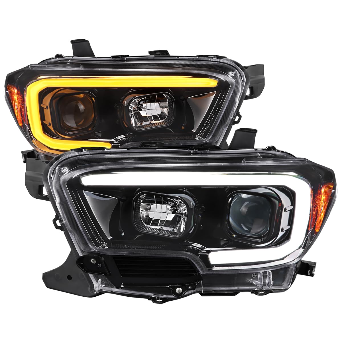 Jet Black SPEC-D TUNING Projector Headlights w/Switchback LED Tube Signal Compatible with 2016-2023 Toyota Tacoma, Left + Right Pair Headlamp Assembly