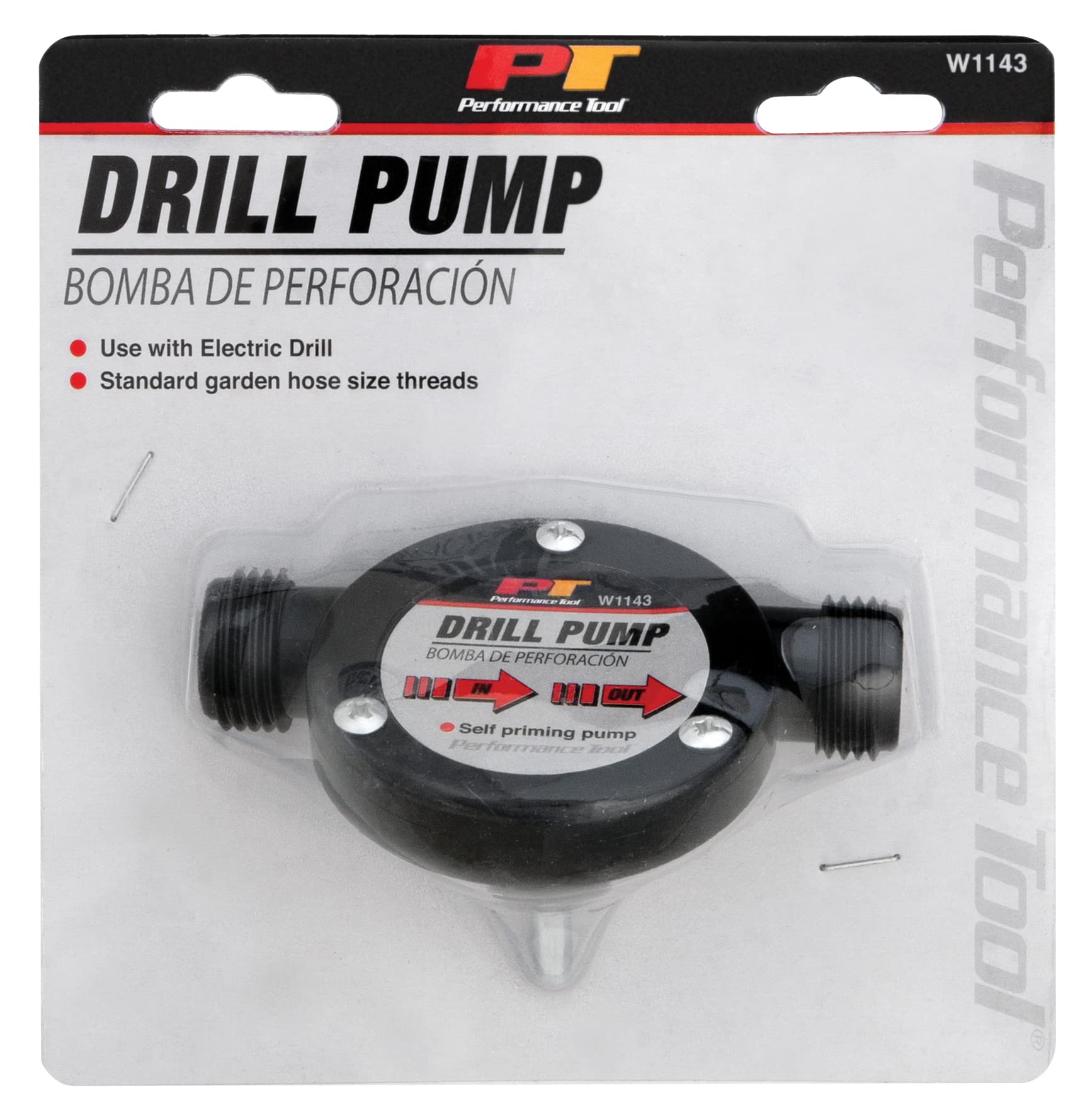W1143 Performance Tool Liquid Transfer Pump for Corded/Cordless Drills - 225 GPH, 3/4-Inch Max Hose Diameter, Self-Priming, Corrosion-Resistant Shaft