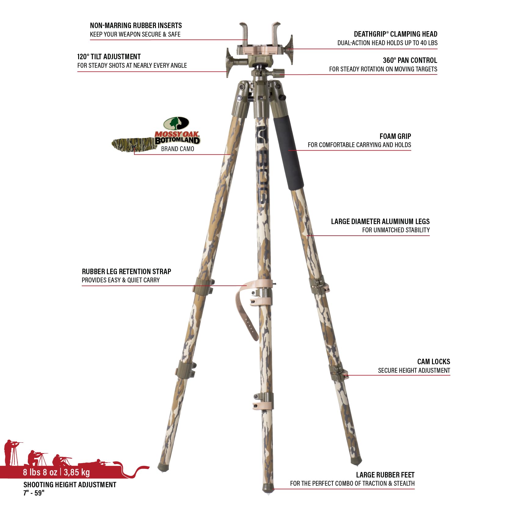 DeathGrip BOG Mossy Oak Bottomland Camo Tripod with Durable Aluminum Frame, Lightweight, Stable Design, Bubble Level, Adjustable Legs, and Hands-Free Operation for Hunting, Shooting, and Outdoors