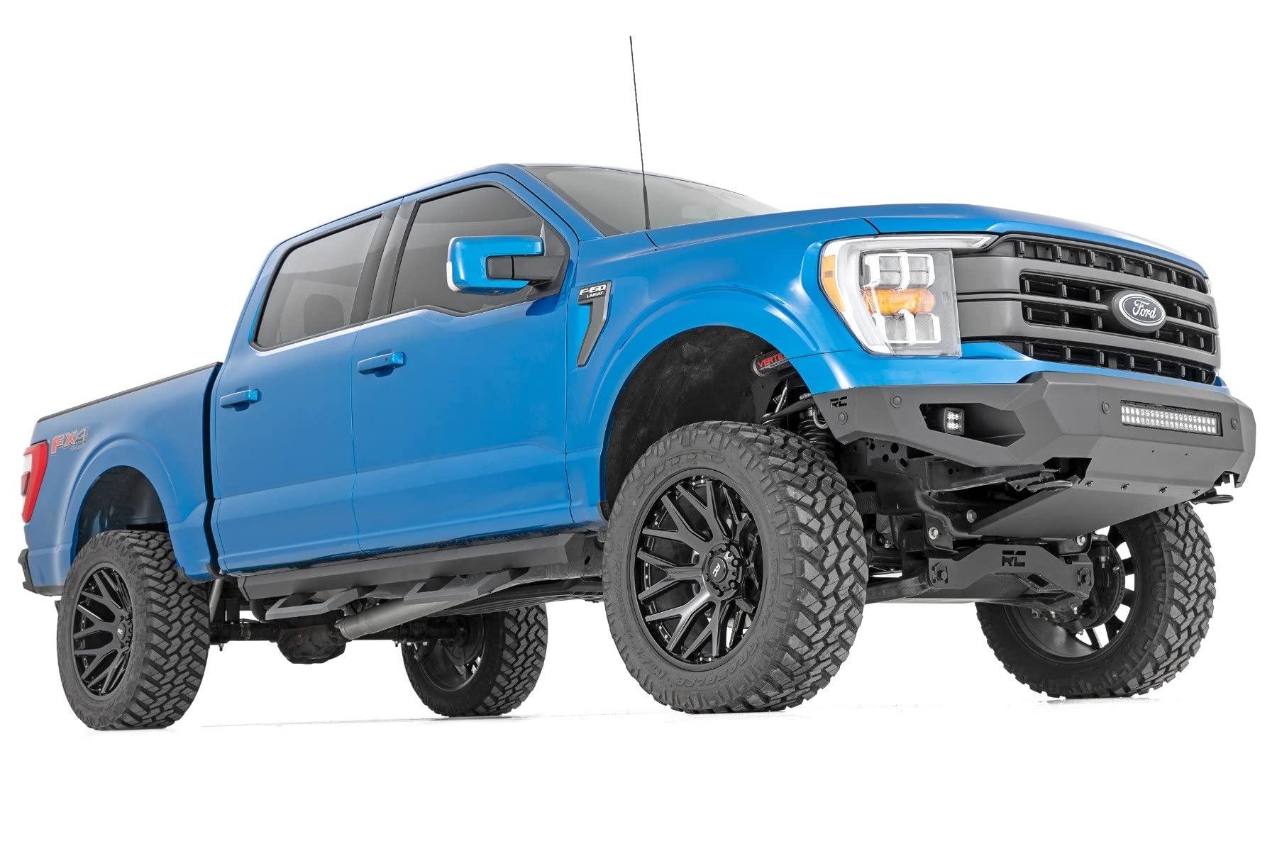 Rough Country Front High Clearance LED Bumper for Ford F-150 (2021–2023) - Steel Off-Road Protection w/Skid Plate, 20" Light Bar & 2" LED Cubes