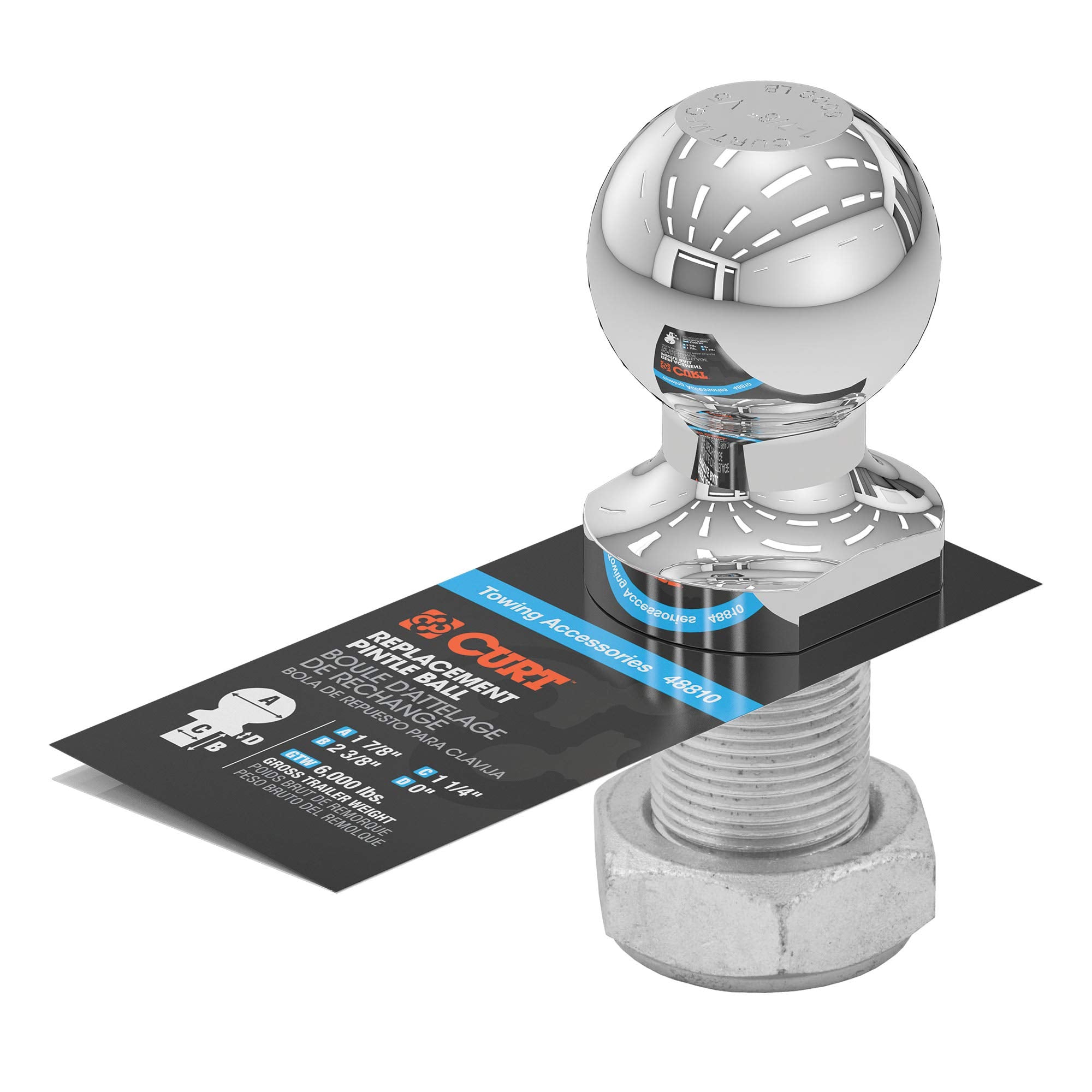 CURT Replacement 1-7/8-Inch Pintle Hitch Ball 48810, 6,000 lbs, 1-1/4-Inch Shank Diameter