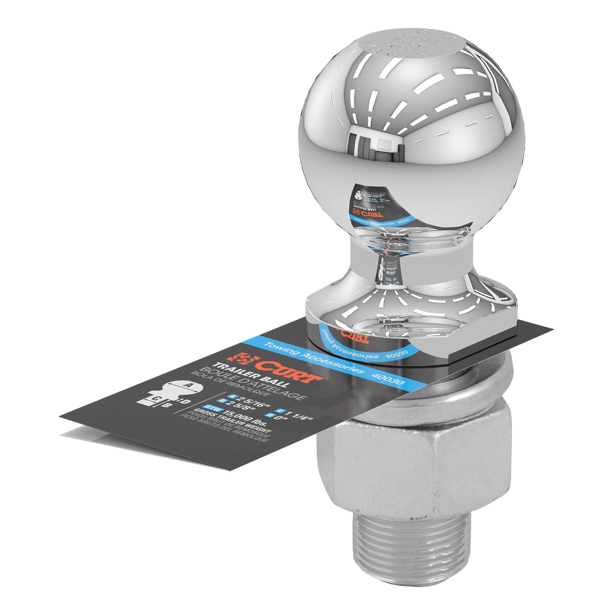 Chrome CURT Trailer Hitch Ball, 15,000 lbs, 2-5/16-Inch Diameter, 1-1/4 x 2-5/8-Inch Shank